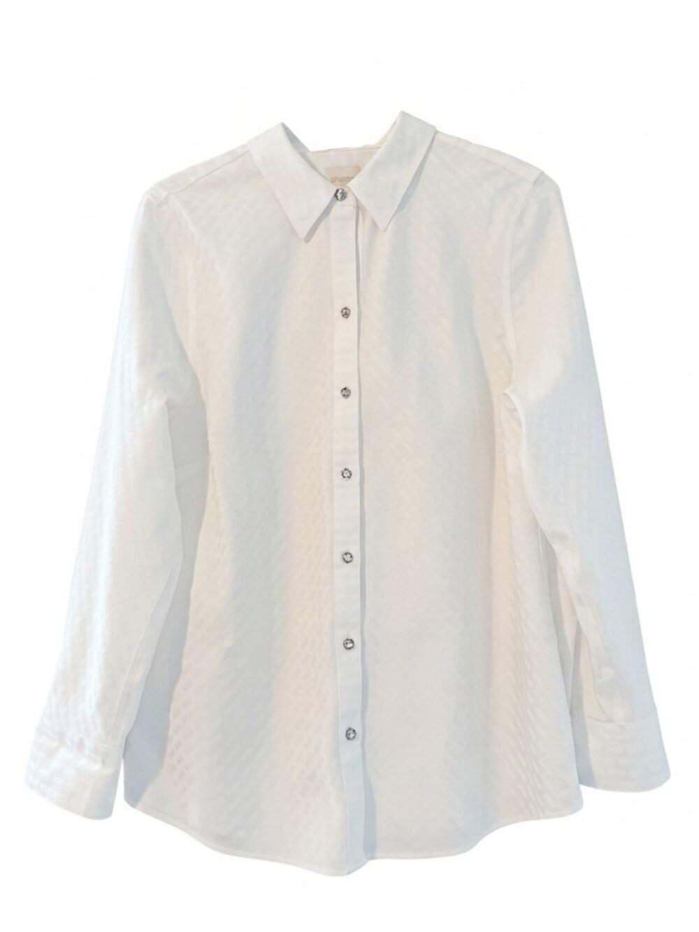 Chico's White No-Iron Jacquard Shirt Rhinestone Buttons Size 2 L